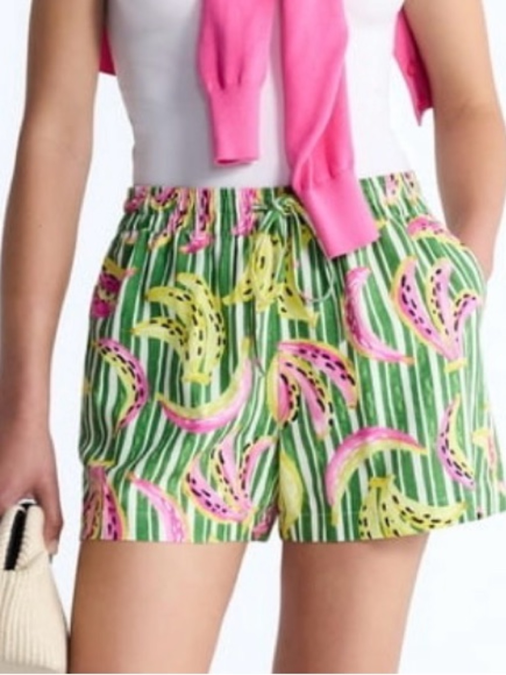 Women’s Green, Linen Blend Tropical Print Elastic-Waist Shorts w/ Pockets